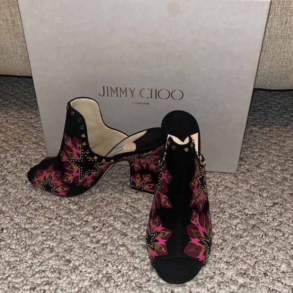 Jimmy Choo, black/pink/gold, suede open peep toe, mule style heels - Picture 1 of 8